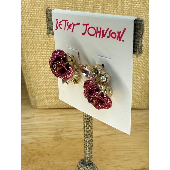 Betsey Johnson Rose Crystal Stud Earrings With Pink Glitter Accents & Gold-Tone - Picture 7 of 13